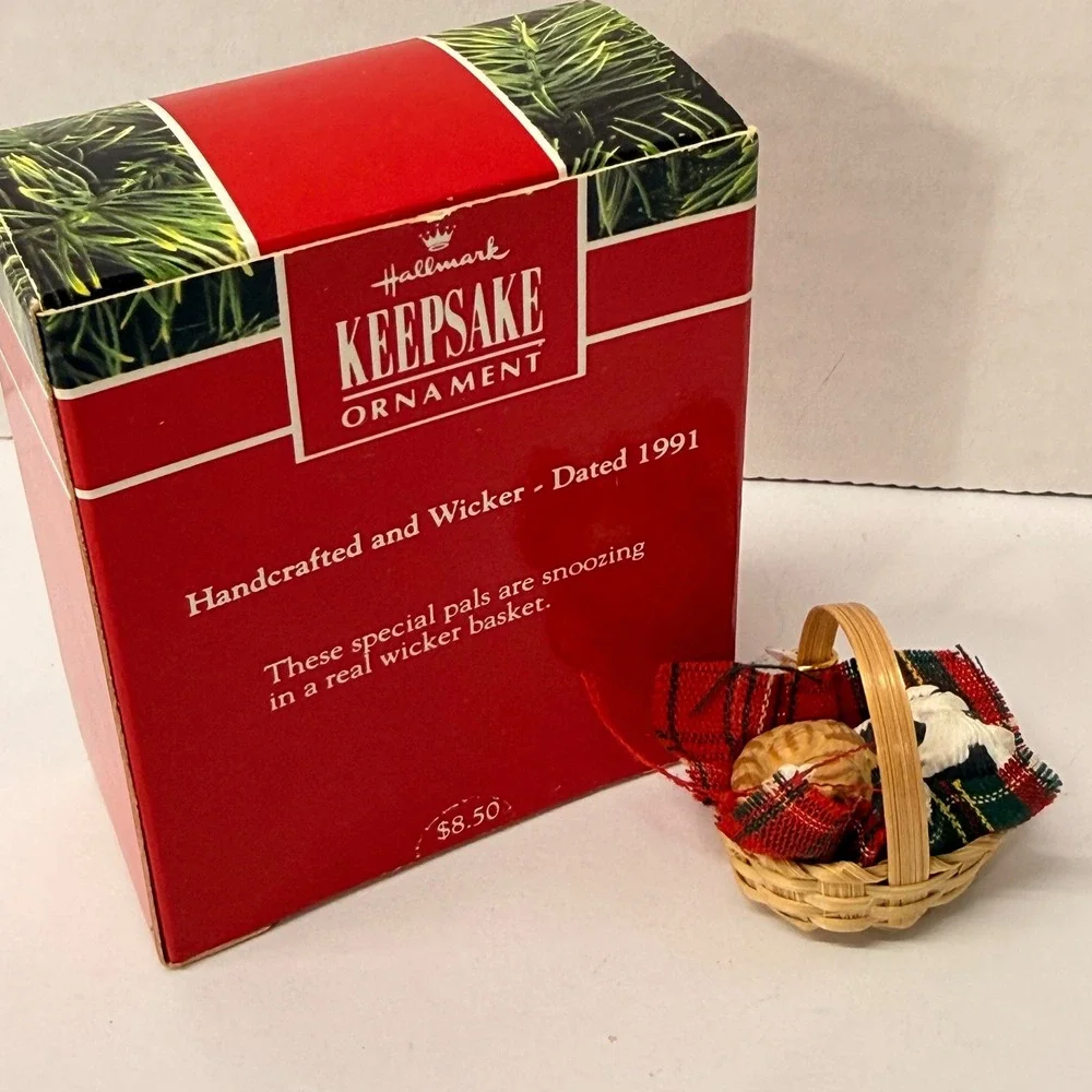 1991 Hallmark Keepsake Miniature Ornament Special Friends Dog Cat Wicker Basket